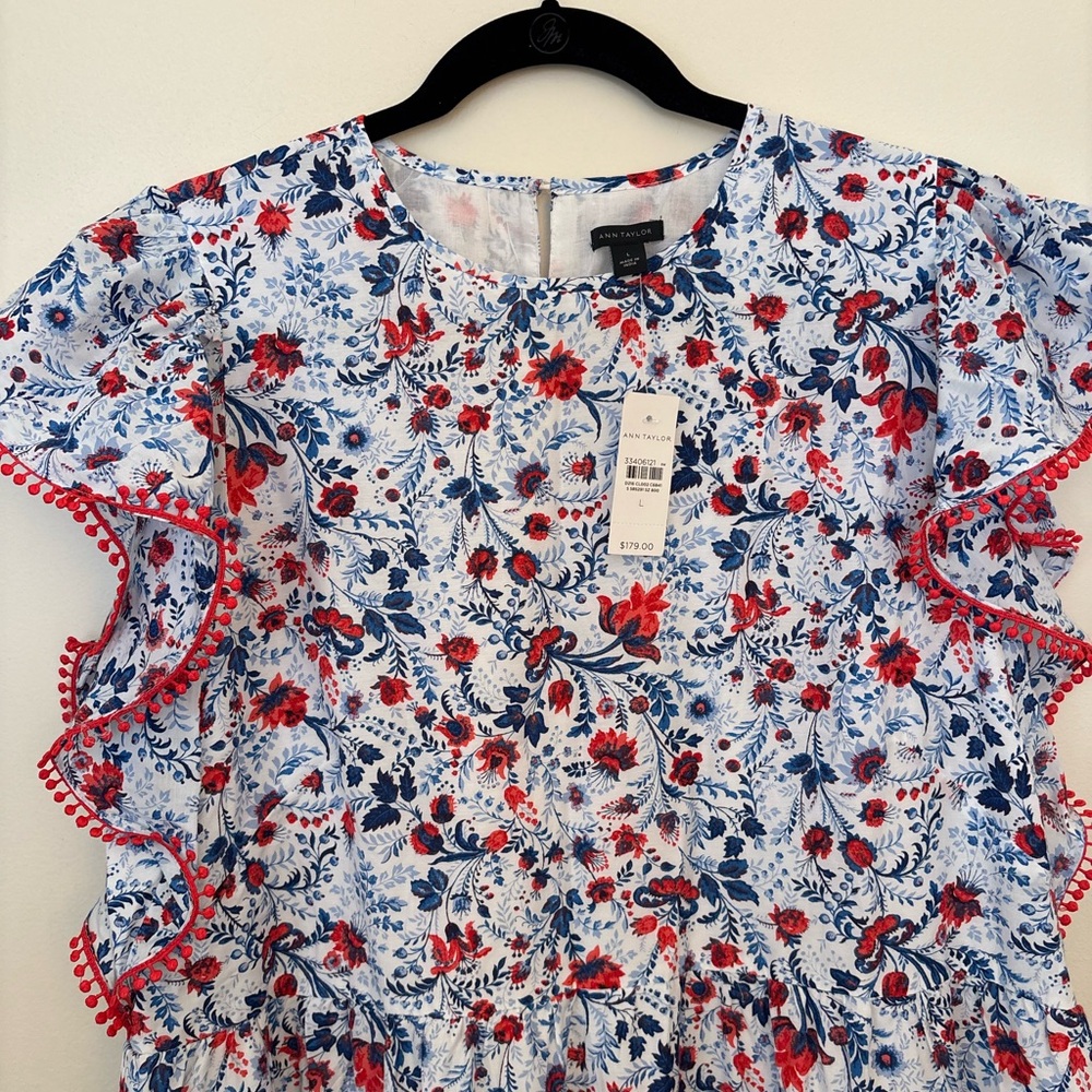 Ann Taylor White Floral Midi Dress with Red & Navy Accents - Picture 2 of 3